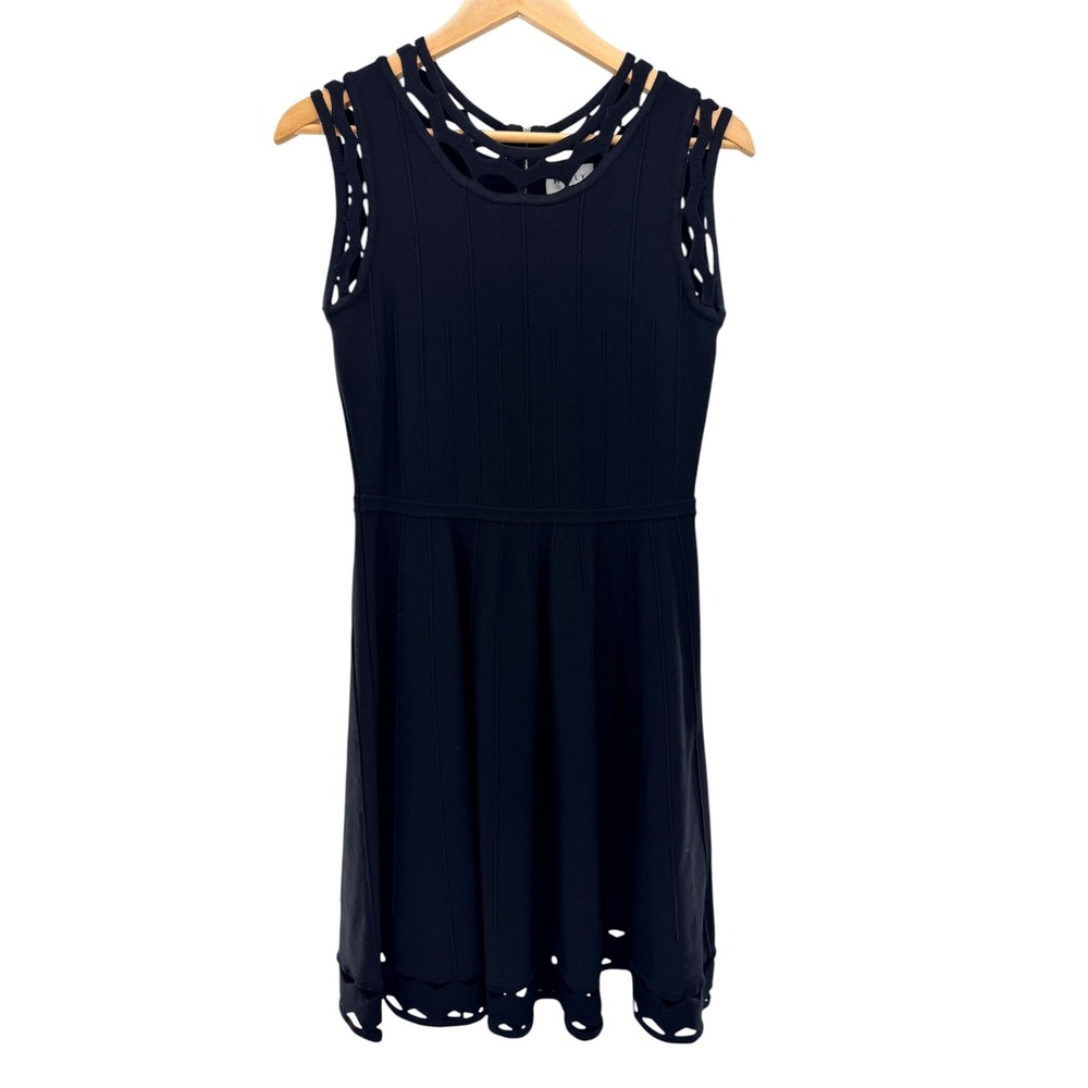 Milly Black Sleeveless‎ Lattice Cutout Fit and Flare Knit Dress Size Medium